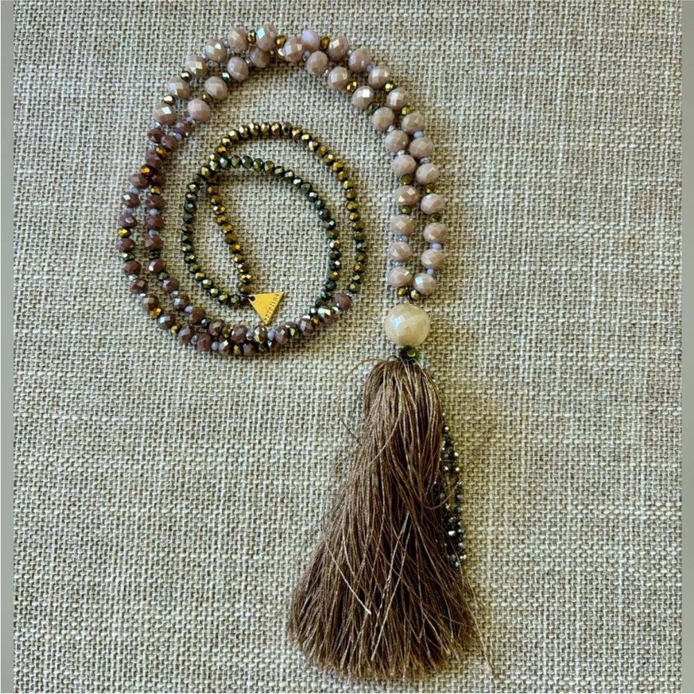 Anthropologie Mauve Beaded Long Tassel Necklace